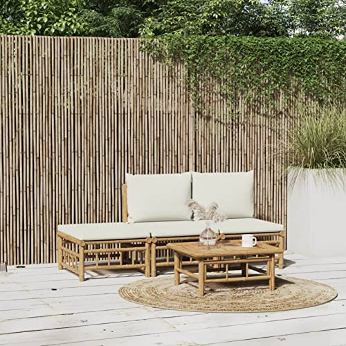 Yolola Gartenmöbel Set Bambus Gartenlounge mit Cremeweißen Kissen Loungemöbel Terrasse Garten Lounge Sofa Outdoor Couch Ecksofa Garten Set Sitzgruppe Garten Sofagarnitur Lounge Set Terassenmöbel 4-TLG