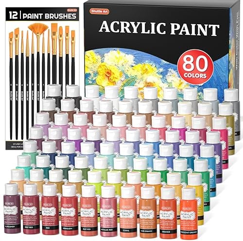 Shuttle Art 80 Pack Acrylic Paints Set, 78 Colours Acrylic Paint (2oz,60ml) with Extra White Black Piants & 12 Brushes, Rich Pigmented, Water Proof for Artists, Beginners on Canvas Rock Wood Ceramic