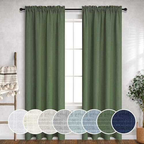 Loden olivgrüne Leinenvorhänge, 229 cm lang, 2 Paneele mit Stangentasche, dicke Baumwollstruktur, halbtransparent, trendige erdige Cottagecore-Dekoration für Wohnzimmer und Schlafzimmer, 132x229 cm