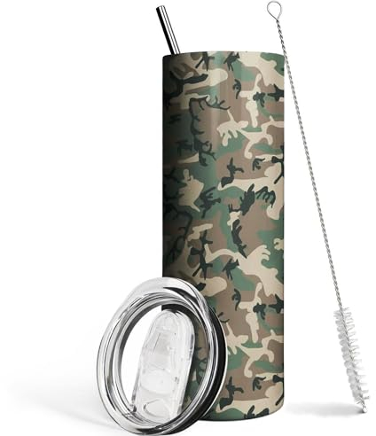 Ceovfoi Camo Hunting Tumbler Skinny Tumblers, vakuumisolierter Becher mit Strohhalm, Geburtstagsgeschenk für Frauen, 590 ml, Camouflage-Kaffeebecher