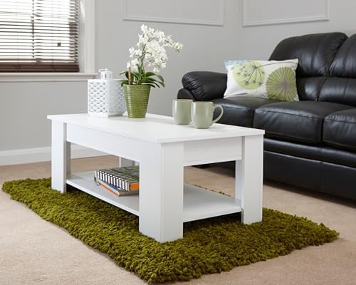 GFW Lift-Up Coffee Table, White Coffee Table with Lift Top, Hidden Storage Compartment and Lower Shelf, Modern Living Room Furniture