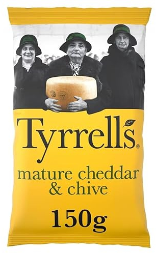 Tyrrells Crisps Mature Cheddar & Chive 150G, Hand-cooked & spun for an exquisite fresh taste, Gluten free, never use artificial ingredients, Suitable for vegetarians