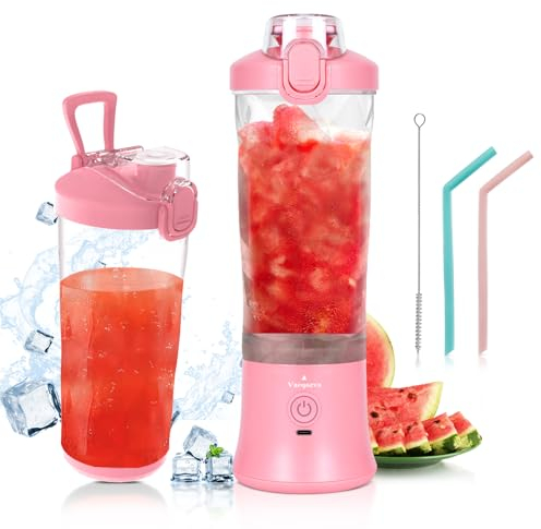 Portable Blender Smoothie Maker,Vaeqozva 600ml Mini Blender for Shakes and Smoothies,Travel Blender on the Go,Type-C USB Rechargeable,6 Blades,Personal Smoothie Blender for Travel Sports,Pink