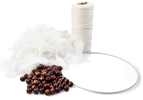 Netuno Makramee Set für Anfänger Traumfänger mit Anleitung Baumwollkordel 3 mm Kalkweiß braune lackierte Holzperlen weiße Federn Metallring 20 cm Makramee selbst machen Set Makramee Knüpf-Set