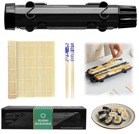 YSOOUA Tragbarer Sushi Maker Kit - Bazooka Set Mit Rolling Matte, Stäbchen, Handbuch, Formformen - DIY Roller Tool für Anfänger zu Hause (Schwarz)