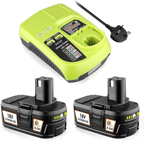 2 Packs PDstation P108 5,5 Ah Li-Ionen-Akkus Ersatz für 18 V P104 P109 P122 RB18L50 RB18L15+P117 3A-Ladegerät mit Zwei USB-Anschlüssen Kompatibel mit One+ Plus Akku P102 P107 P108(2packs)