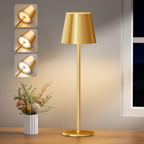 PreeOtti Tischlampe Kabellos, Dimmbare Tischleuchte Akku LED mit 3 Farbtemperatur, Stufenlos Dimmbar, Touch Lampe mit USB-C Aufladbar für Outdoor Nachttisch Esstisch Camping(Gold)