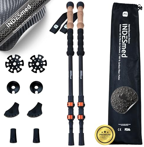 100% Carbon Faltbar Trekkingstöcke Teleskop Ausziehbar mit Korkgriff (x2) | Ultraleicht, Schnellverschluss, Nordic Walking, Hiking, 8 Geländezubehör, Verstellbar 61-140 cm, Tragbar | INDESmed