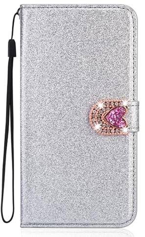 BLOTECH Flip Shiny Case compatible with iPhone 8 Glitter Case Glitter PU Leather + TPU Bumper + 3D Diamond Love Buckle Bling Glitter Wallet Folio Cases Sparkly Cover for iPhone 8 - Silver
