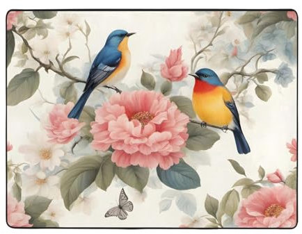 YYHHAOFA Romantischer, ausgefallener Teppich, Motiv: Blumen und Vögel, Schmetterlinge, Wohnzimmer, Fußmatten, Läufer, rutschfest, 160 x 121,9 cm
