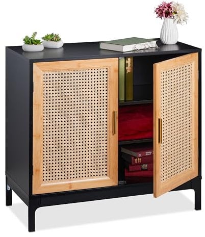 Relaxdays Sideboard mit Rattan-Geflecht, HxBxT: 76x80x39 cm, Kommode Wohnzimmer, 2 Türen, MDF & Bambus, schwarz/Natur