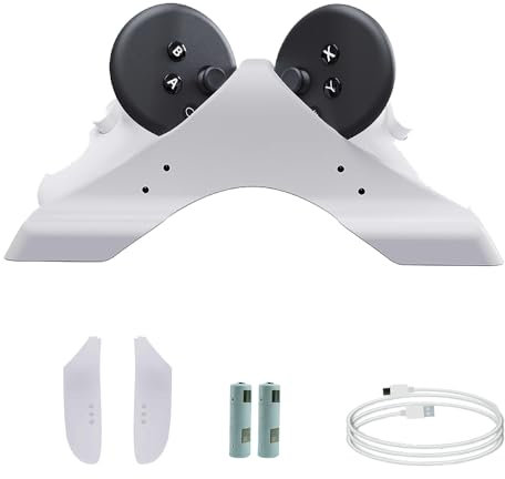 Ladestation kompatibel für Meta Quest 3S, Quest 3 Magnetische kabellose Ladestation für Grip Controller mit 2 wiederaufladbaren Akkus & USB-C Kabel