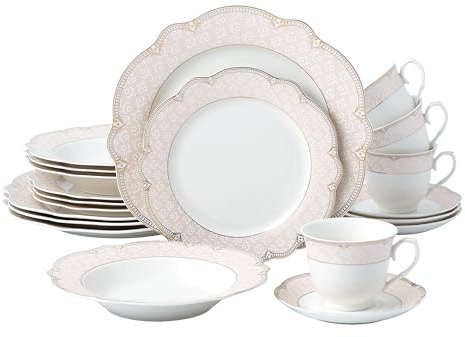 Joseph Sedgh Collection Sandra - Vajilla de porcelana de hueso de 20 piezas, servicio para 4, rosa rubor y dorado