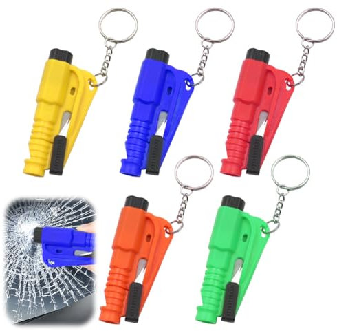 Lot de 5 porte-clés d'urgence 3 en 1 - Coupe-ceinture de sécurité, Brise-vitre, Sifflet d'urgence, porte-clés marteau d'urgence, Porte-clés de sécurité pour voiture, 3 en 1 marteau de sauvetage