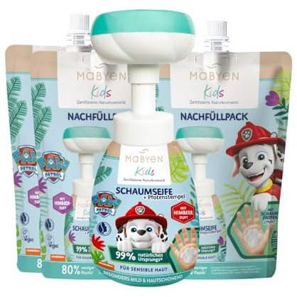 MABYEN PAW PATROL Kids Set Schaumseife (weiß) | Naturkosmetik - Kinder Handschaumseife + Refill - 1x Schaumseife Himbeerduft (180ml) + 3x Paw Patrol Nachfüllpack Himbeerduft (250ml) - Handseife