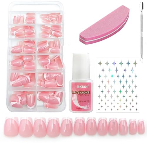 240 Pcs Pink French Tip Short Press on Nails Kit, Glossy Square Fake Nails with Nail Glue, Stick on Nails for Girls Women, DIY Home Manicure Set 20