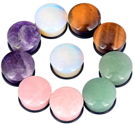 Longbeauty 5 Paare Gemischte Stein Ohr Gauges Plugs mit O-Ring Single Flared Ohr Tunnels Expander Piercing Stretcher für Gedehnte Ohrloch, 6MM