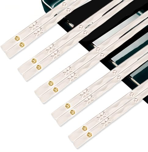 JEYORZY 5 Paar Essstäbchen, spülmaschinenfest mit Motiv zum Gravieren, japanische Stäbchen, Sushi Stäbchen, Geschenk-Set - Weißgold