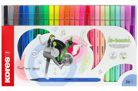 Kores - K-Beats Premium Filzstifte - Fasermaler zum Skizzieren, Ausmalen und Schreiben - Einzigartige Lebendige Farben, Inklusive Neon und Pastell - Schulbedarf - 26 Stück