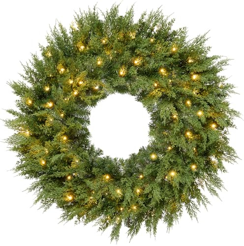 Best Choice Products Pre-Lit Cedar Cypress Christmas Wreath w/Twinkling LEDs, 30in Realistic Large Indoor/Outdoor Holiday Decor for Door, Plug-in