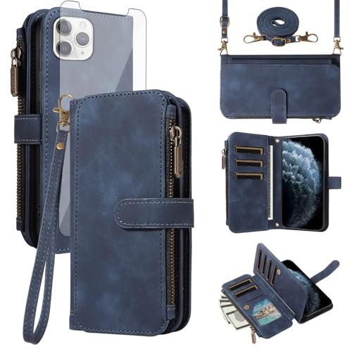 Asuwish Phone Case for iPhone 11 Pro 5.8 Zipper Wallet Cell Cover with Tempered Glass Screen Protector Crossbody Wrist Strap Flip Credit Card Holder Slot iPhone11pro iPhone11 i XI 11s 11pro Women Blue