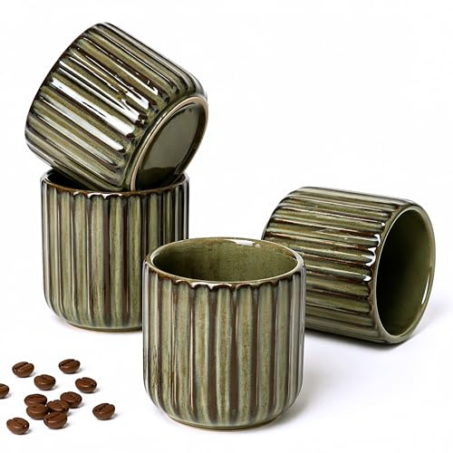 Erkundpresso Kaffeebecher ohne Henkel 4er Set 180ml | Tasse ohne Henkel Keramik Dickwandig | Steingut Kaffeetassen Handgefertigt | Lungo, Cappuccino & Espresso Tassen | Spülmaschinenfest (Antikbronze)