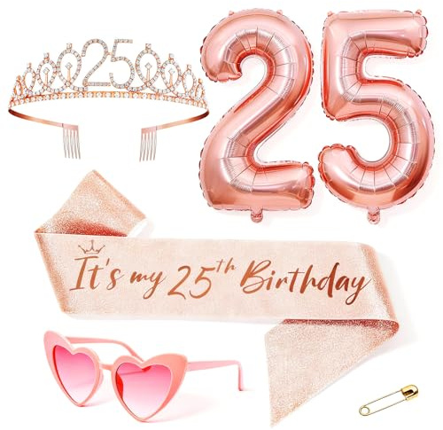 Anruzon 25 Geburtstag Frau Deko, 25 Geburtstag Krone und Schärpe, Rosa herzförmige Brille, Luftballons Rosegold, Geschenke für Frauen 25 Jahre, Geburtstagsparty Deko Supplies
