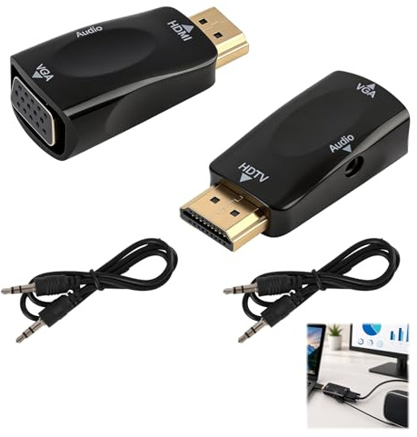 2pcs Adaptador HDMI a VGA con Audio 3.5 mm, Convertidor HDMI Macho a VGA Hembra 1080P Full HD, Cable Conversor Compatible con Monitor Proyector TV TV Box y Dispositivos HDMI, Plug and Play (Negro)