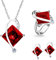 Uloveido Mädchen 'Platin überzogene Messing Red Simulierte Square Diamond Charm Anhänger Halskette Piercing Ohrringe Solitaire Fingerringe Hochzeit Promise Schmuck Set (Rot, Größe 54) T295