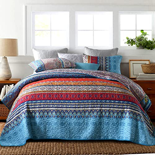 Qucover Boho Tagesdecke 220x240cm,Reversible A/B-Seite Bettüberwurf Set mit 2 Kissenbezüge 50x75cm für Doppelbett, Weich Ethno Tagesdecke Bunte, Sofa Überwurfdecke Wohndecke