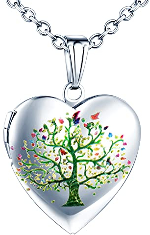 Yumilok Damen Kette Medaillon Kette Foto Lebensbaum Halskette Photo Medaillon Herzanhänger Amulett Anhänger Edelstahl Schmuck für Mädchen Mutter Silber