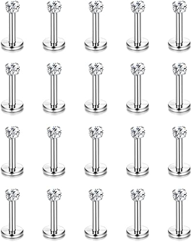CASSIECA 20Pcs 16G Hypoallergener Edelstahl Lip Studs Labret Piercing mit 3mm CZ Knorpel Tragus Helix Monroe Piercing Stud Schmuck 6mm 8mm 10mm