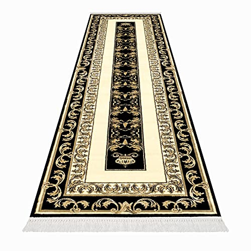 Premium Flur Teppich Läufer Teppichläufer Flur Schlafzimmer Wohnzimmer Kurzflor in Schwarz Gold mit Fransen - Mäander Pegasus Design Vintage Antirutsch K-Seidenglanz 100% Viskose öko tex - 80x200 cm