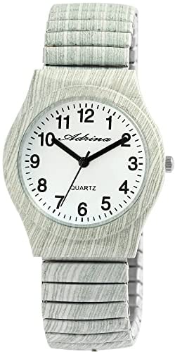 Adrina Damen-Uhr Edelstahl Zugarmband grau grün große Ziffern Länge 18 cm Durchmesser 34 mm Breite 18 mm Geschenke für Frauen