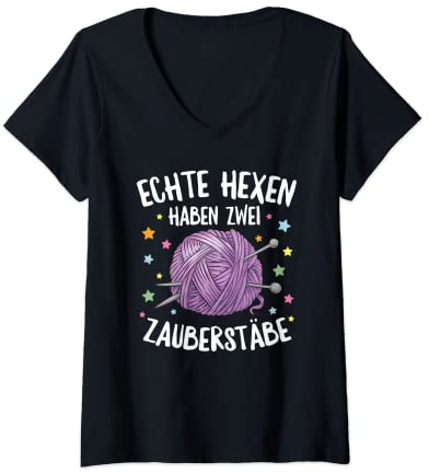 Damen Echte Hexen haben zwei Zauberstäbe Stricken Wollverrückt T-Shirt mit V-Ausschnitt