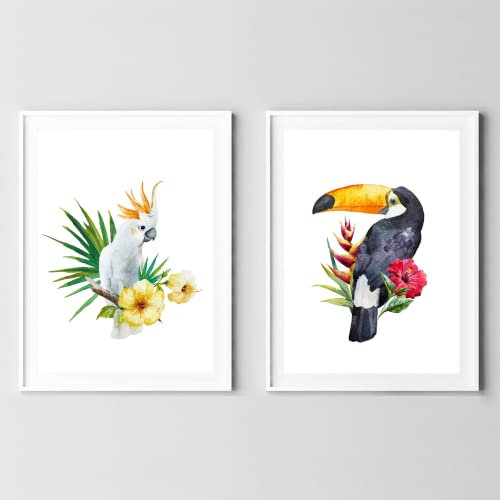Din A4 Kunstdruck ohne Rahmen 2er Set - Tucan Kakadu - Papagei Tukan - Tropische Vögel - Aquarell Druck Poster Bild