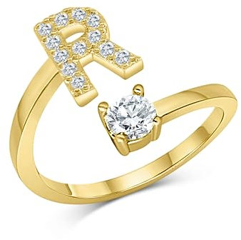 Zelaro Zirkonia Ring mit Initialen Gold | Pärchen Ringe für Mädchen Geschenk für Freundin, Freund | Ring mit Buchstabe | Frauen Ring als Schmuck Ringe zum Jahrestag | Verstellbare Ringe in Gold (R)