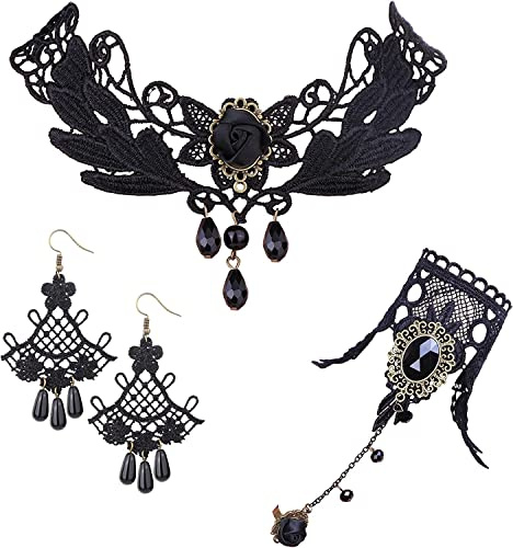 LOLIAS 4PCS Schwarze Spitze Choker Halskette mit Armband und Anhänger Ohrringe Gothic Vintage Set für Damen Halloween Vampir Steampunk Hochzeit Party Mascarade Kostüm Schmuck Sets