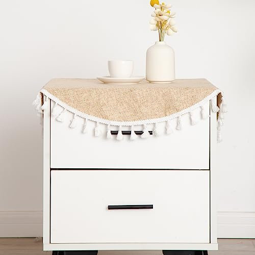 Hpxrom Einfarbige kleine runde Nachttischdecke, rustikale Quaste, schwere Tischdecke, beige, Jute, waschbar, Deckchen für Beistelltisch, Tischdekoration, 61 cm