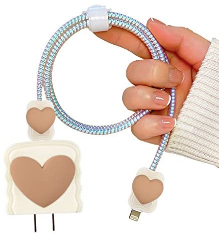 DiyGody DIY Cable Protector for iPhone Charger, Cute Protectors for Type-C Data Cable with 3D Print Love Heart Pattern Data Line Phone Wire Saver for iPhone 11 12 13 14 Pro Max - Beige