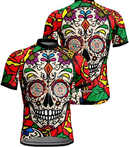 Chickwin Cycling Tops for Men Short Sleeve, Skull/Skeleton Print Summer Men's Cycling Jerseys Mountain Biking Jersey,Comfortable Mesh Quick Dry Bike Shirt,MTB Road Bicycle T-Shirt Top Red