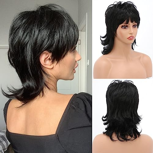 BESTUNG Kurze Schwarze Perücke 80er Jahre Mullet Perücke Pixie Cut Perücke Mit Pony Lockige Synthetische Natürliche Gefälschte Haar Ersatz Perücken für Frauen Tägliche Party Cosplay (Schwarz)