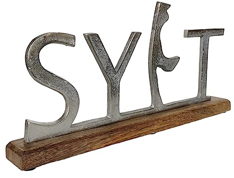 Schriftzug Sylt aus Aluminium und Holz 41cm edel Insel Ferienwohnung Deko Aufsteller Nordsee Alu silber