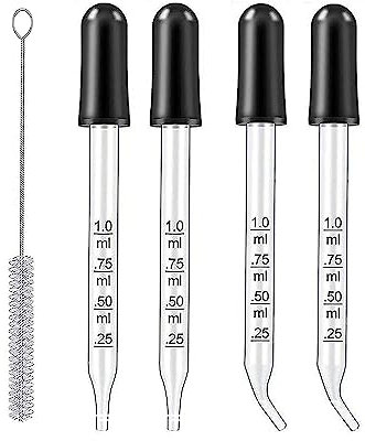 Eye Dropper Set for Essential Oils, Pipettes Dropper with Black Rubber Head, Calibrated Thick Glass Medicine Dropping Pipettes, 1ml Dropper Measurer, Dropper for Liquid, Straight-Tip, Bent-Tip