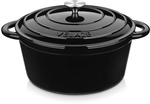 Velaze Casseruola in Ghisa, Pentola a Induzione per Stufati, Cocotte Casseruola con Coperchio in Rivestimento Smaltato, Forno Olandese, Nero, Rotondo - 29 cm, 6,5 L