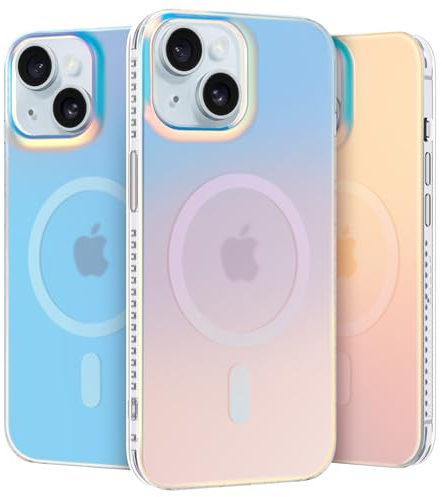 nicekool Hülle für iPhone 15 Kompatibel mit MagSafe, Magnetische HandyHülle Irisierend Farbverlauf Case Kratzfeste Rückseite Durchscheinende Matt Schutzhülle, Holographique Farbverlauf
