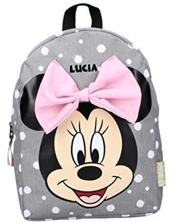 Undercover Personalisierter Kindergarten-Rucksack Minnie Mouse mit Name Mädchen | Kleiner Rucksack Kinder Grau gepunktet mit großer Schleife