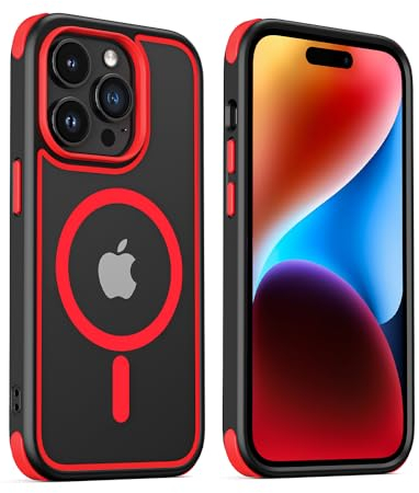 MobNano Magnetic Case For iPhone 14 Pro Max, [Support MagSafe Wireless Charging] Silicone Shockproof Bumper hard Transparent Outdoor Football Phone 14 Pro Max Cover - Black/Red