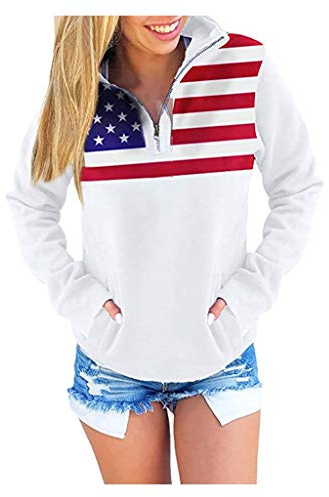 BOTCAM Sudadera para mujer con bandera de Estados Unidos, estampado a rayas informal, suéter con cremallera, suéter patriótico americano, informal, tops de primavera, otoño, manga larga, Blanco, M
