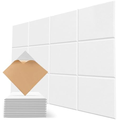 Selbstklebende Akustikpaneele, Satz mit 12 hochdichten Akustikpaneelen für Studio-/Decken-/Tür-/Wanddekoration und akustische Behandlung, Studio-/Haus-/Spieldekoration (30 * 30, Weiß)